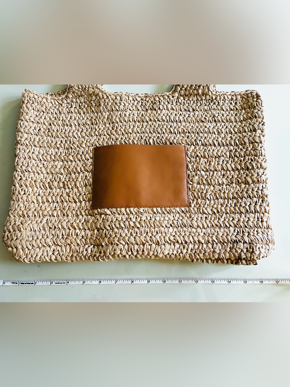 J. Crew Factory Packable straw tote bag Natural Straw Tote with Tan Patch.NWT. - Picture 10 of 16